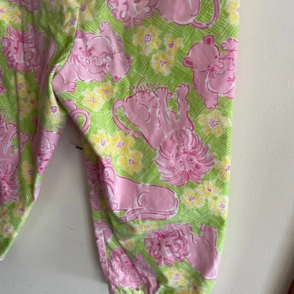LILLY PULITZER Lion Cub Loungin' Lions  Pink Green Elastic Waist Pants G…